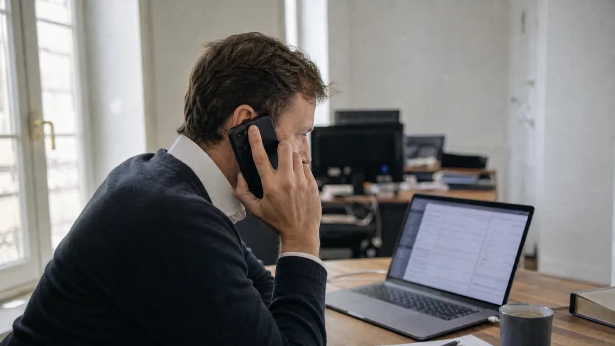 Persoon belt met de hostingprovider terwijl een laptop het beheerpaneel van een domeinnaam toont