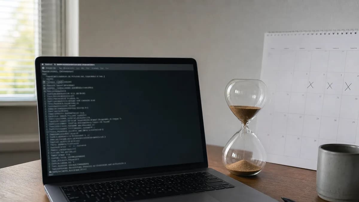 Zandloper naast een laptop met een Whois-scherm, wachttijd voor een domeinnaam in quarantaine