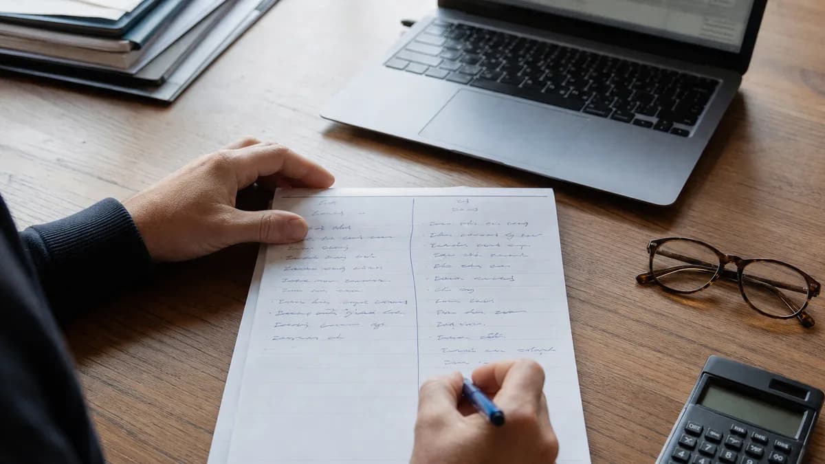 Werkplek met laptop en aantekeningen waarop de waardefactoren van een domeinnaam worden afgewogen